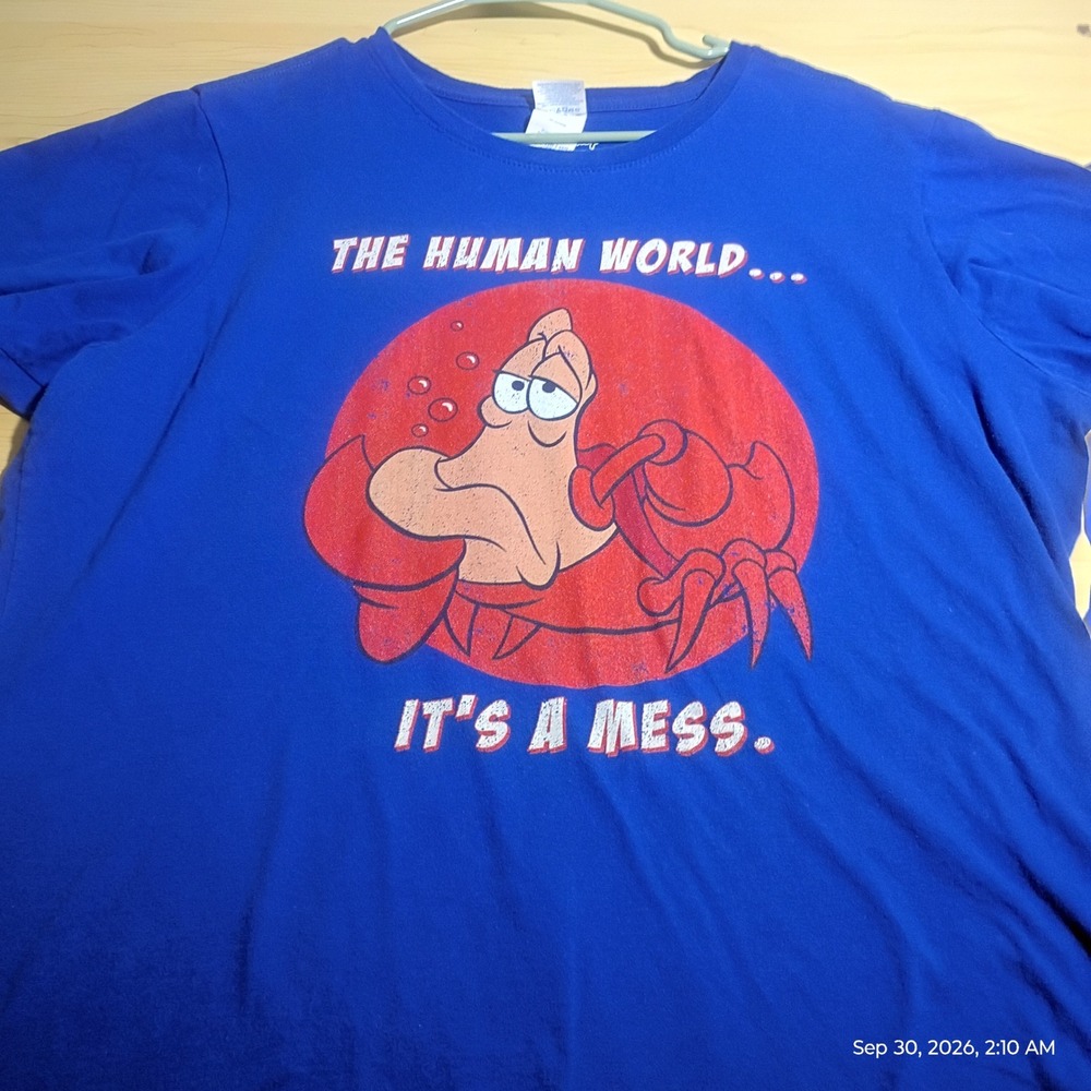 Disney Graphic Tee, Mens XL Blue Little Mermaid Sebastian It's A Mess Shirt